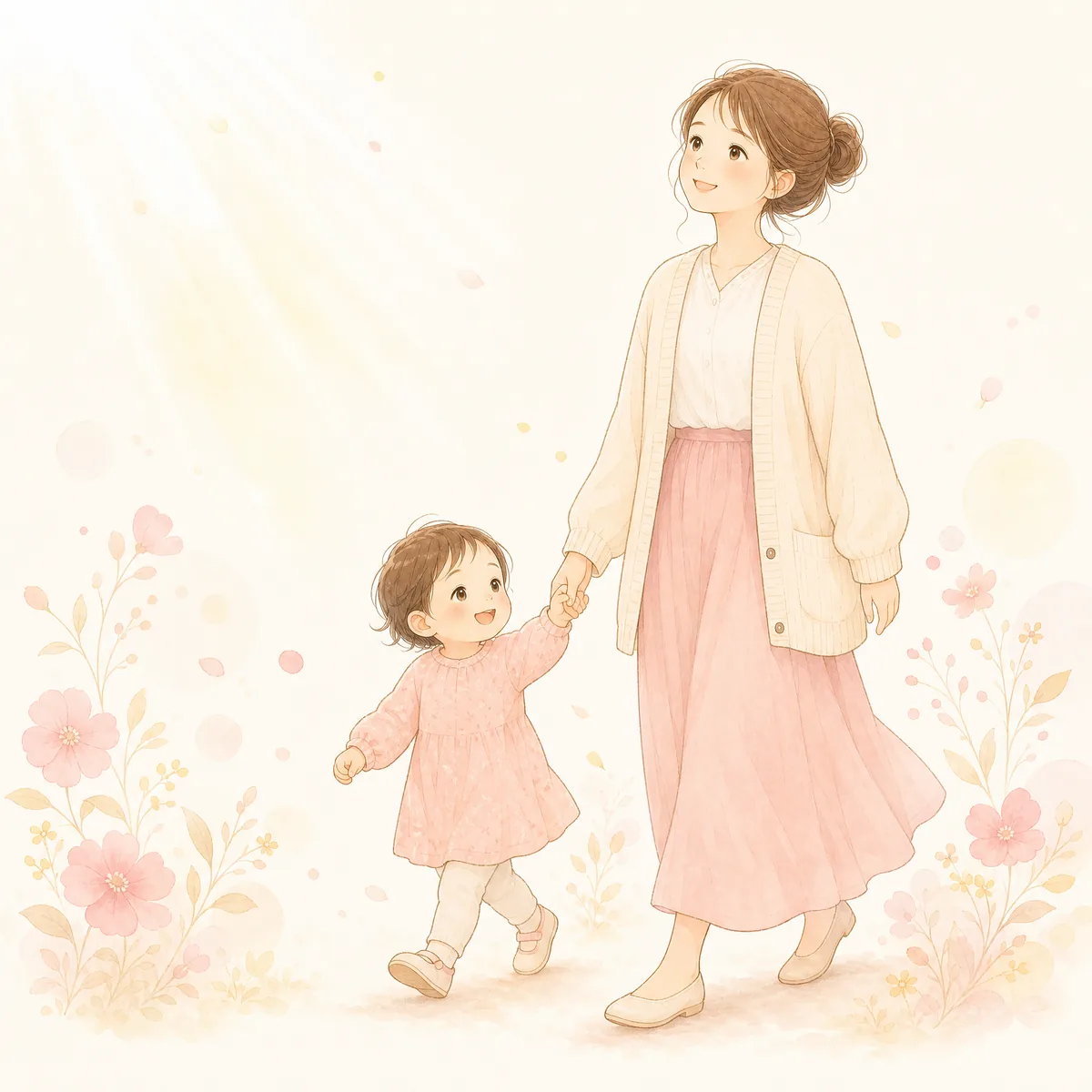 子どもと手をつないで歩むお母さんのイラスト