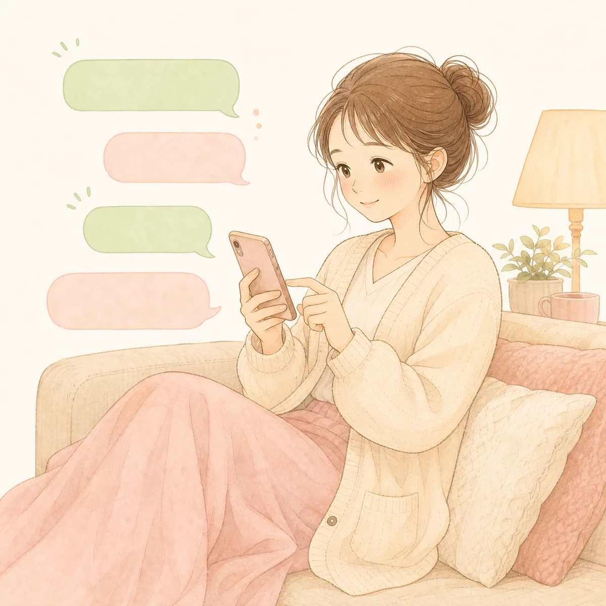 夜、ソファでくつろぎながらLINEで相談するお母さんのイラスト