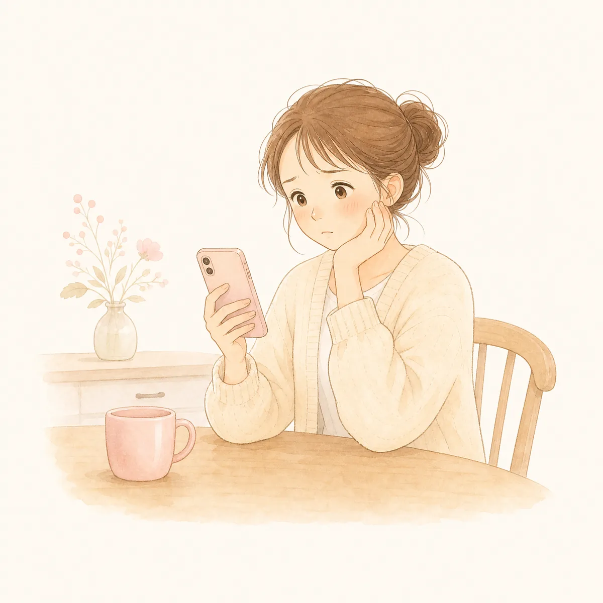 スマートフォンを見ながら悩むお母さんのイラスト